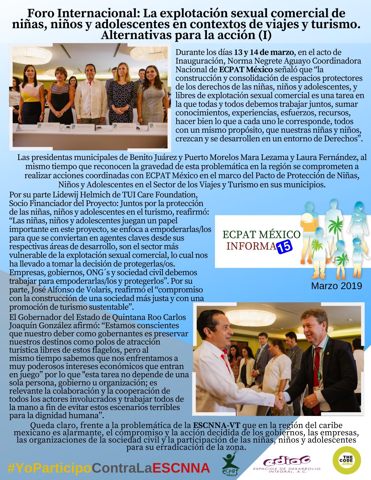 Foro Internacional: La explotación sexual comercial de niñas, niños y adolescentes en contextos de viajes y turismo. Alternativas para la acción (I)